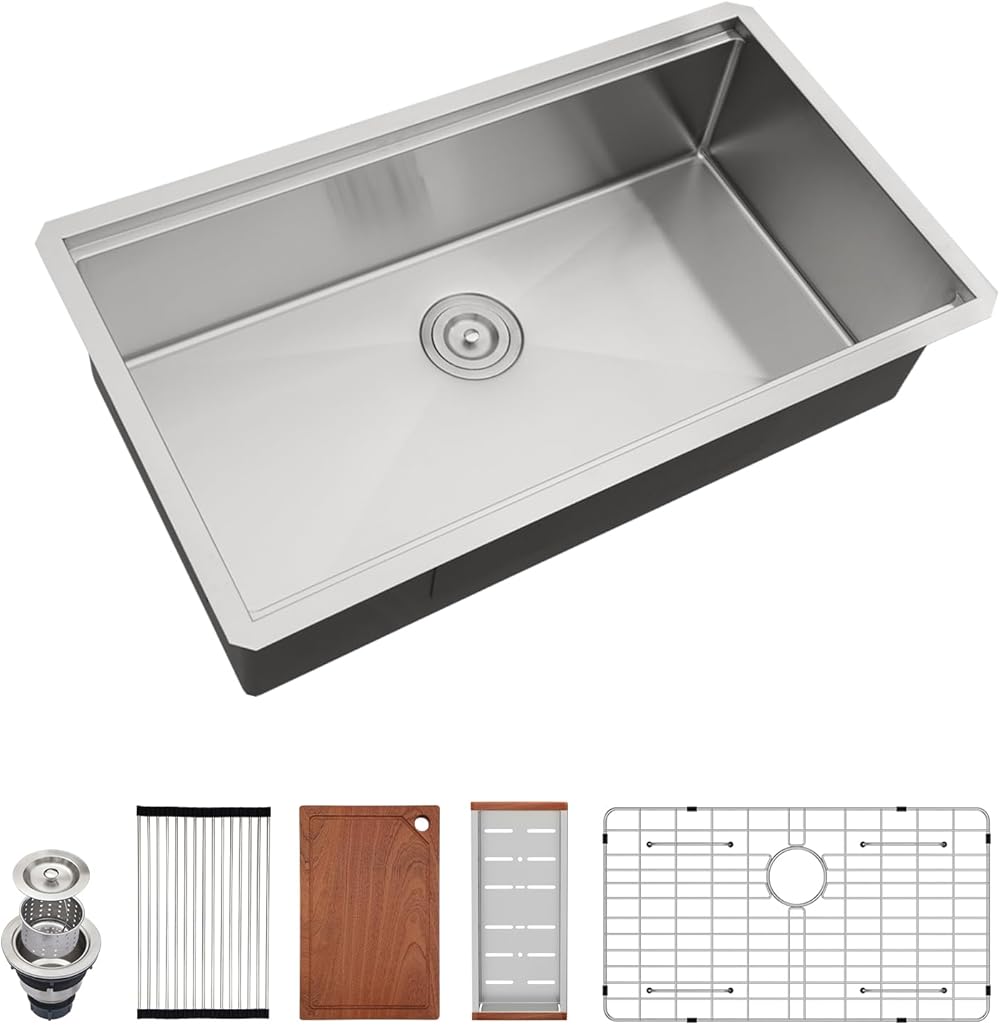 Stainless Steel Undermount Sink - 33 inch Undermount Kitchen Sink Workstation 16 Gauge 33x19x10 inch Single Bowl Kitchen Sinks with Round Corner Deep Basin