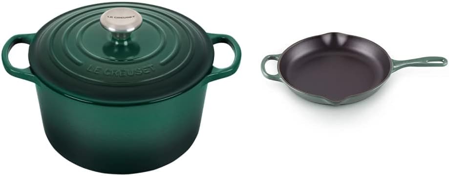 Le Creuset Enameled Cast Iron Signature Deep Round Oven, 5.25qt., Artichaut & Enameled Cast Iron Signature Iron Handle Skillet, 10.25