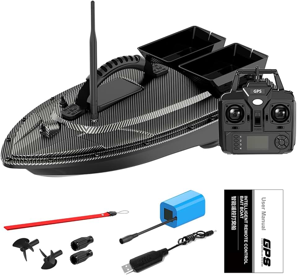 GoolRC GPS RC Bait Boat, Fishing Bait Boat with Automatic Cruise & Yaw Correction, 500m Remote Control Distance 40 Point Positioning 2 Hoppers 1.5KG Loading Hopper Low Battery Return