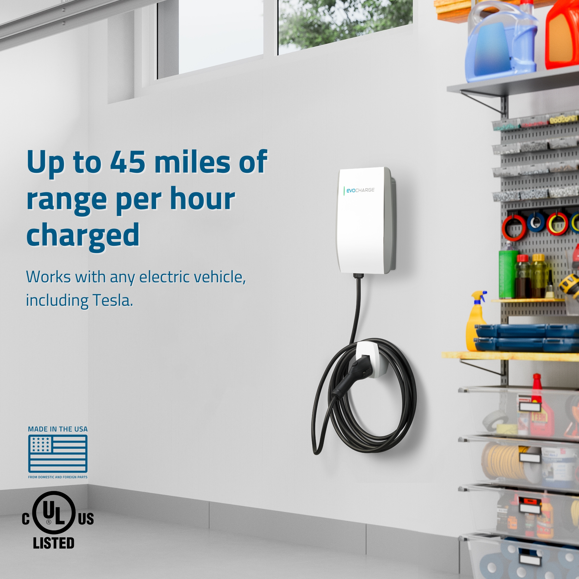 EvoCharge Home 50 Level 2 EV Charger up to 50 Amp, Smart WiFi and Bluetooth Enabled, 25 Foot Cable, 240V Hardwired, UL Listed, Up to 45 Miles Per Hour Charged