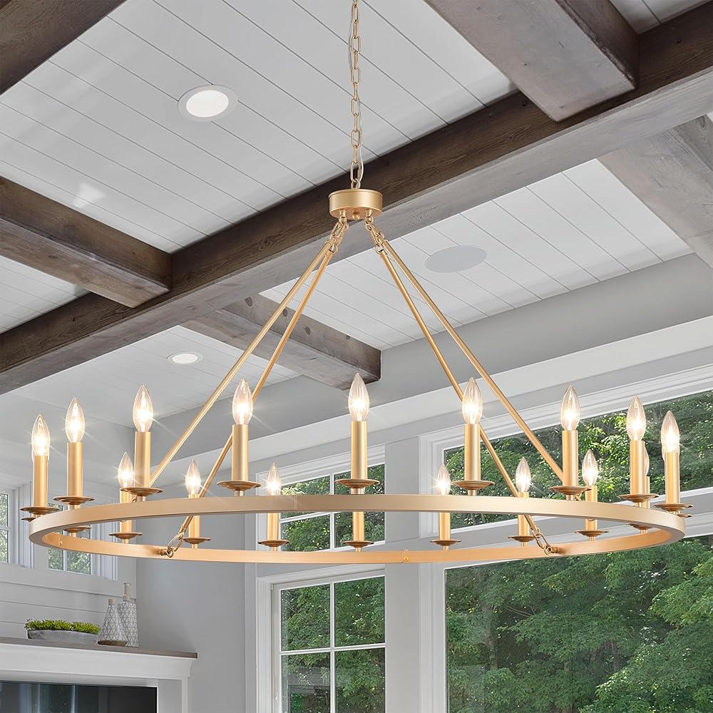 Gold Wagon Wheel Chandelier 48-Inch 20-Light,Extra Large Circle Rustic Farmhouse Light Fixture,Round Metal Chandeliers for Foyer Entryway Dining Room Living Room High Ceilings (E12 Base)