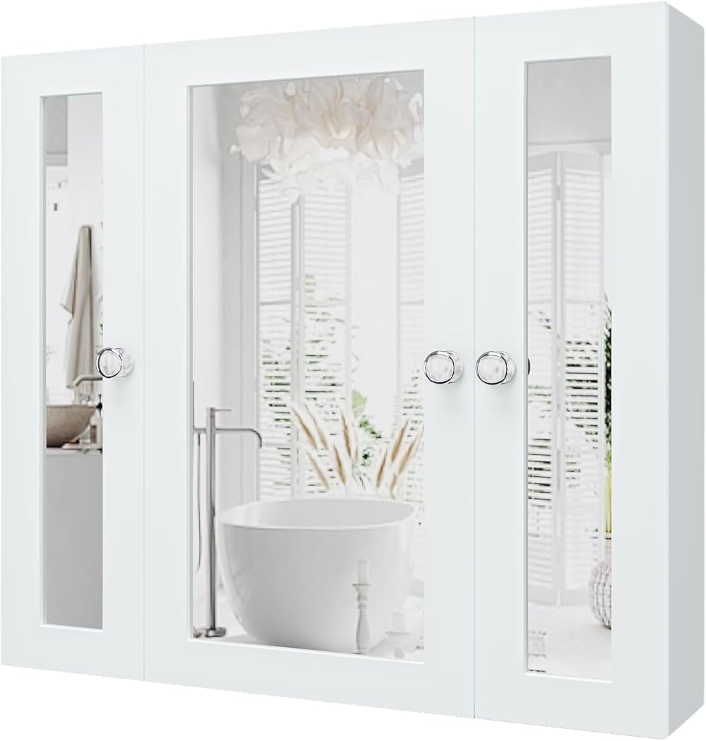 Bathroom Mirror Cabinet Wall Mounted Medicine Pharmacy Cabinets with 3 Doors, Waterproof PVC White Color