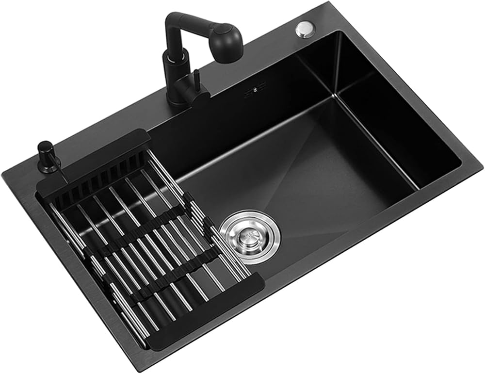 Black Single Bowl Kitchen Sink 304 Stainless Steel Bar Sink Household Handmade RV Sink with Pull-Out Faucet and Drainage Kit Top Mount Or Undermount (Color : Black, Size : 55x45x22cm)