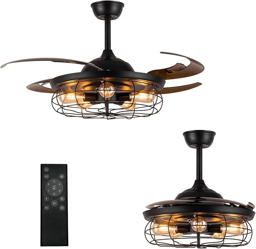 Siljoy Retractable Ceiling Fan with Lights Black Industrial Caged Ceiling Fan with Remote Controller Farmhouse Chandelier Fan with Lights for Living Room Bedroom Patio (48 Inches, 5 Lights)