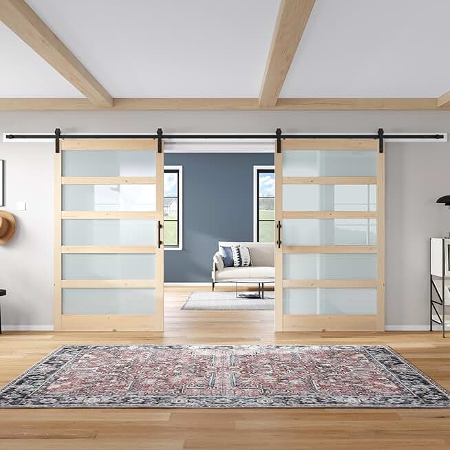 Double 48x84 Inch Glass Sliding Barn Door with 8ft Hardware Kit and Track Connector.