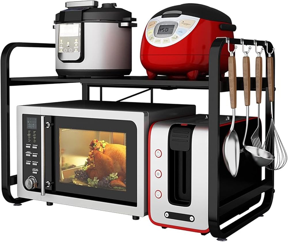 Microwave Oven Rack Microwave Oven Rack Adjustable Microwave Shelf Stand Kitchen Counter Top Organizer 2-Tier with 4 Hooks Stainless Steel Microwave Oven Stand