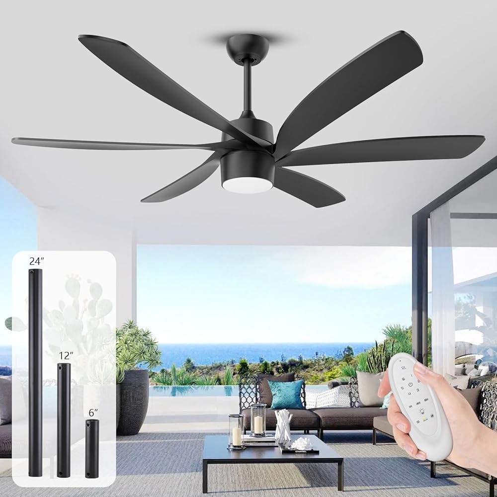 Outdoor Ceiling Fans with Lights for Patio Waterproof, 64 inch Large Black Ceiling Fan with Light and Remote, Modern High CFM Wet Rated Ceiling Fan for Porch Exterior Indoor, Quiet DC Motor