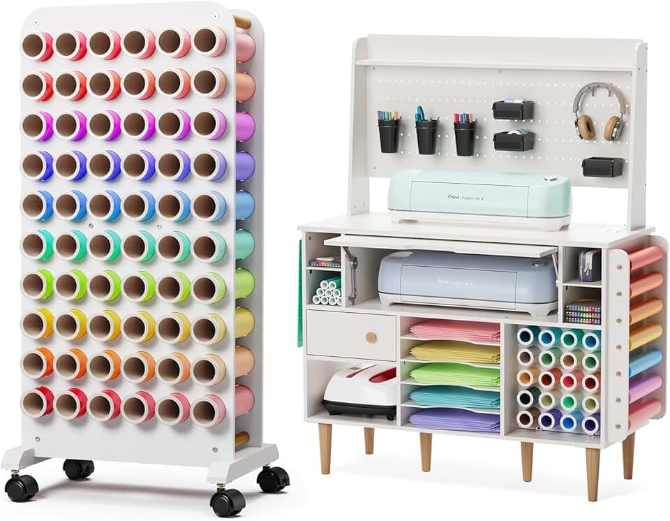 Craft Storage Cabinet(Upgraded) and Mobile Vinyl Roll Holder Compatible with Cricut Machines, Crafting Desk Organizer with Charging Station, Craft Cabinet Table
