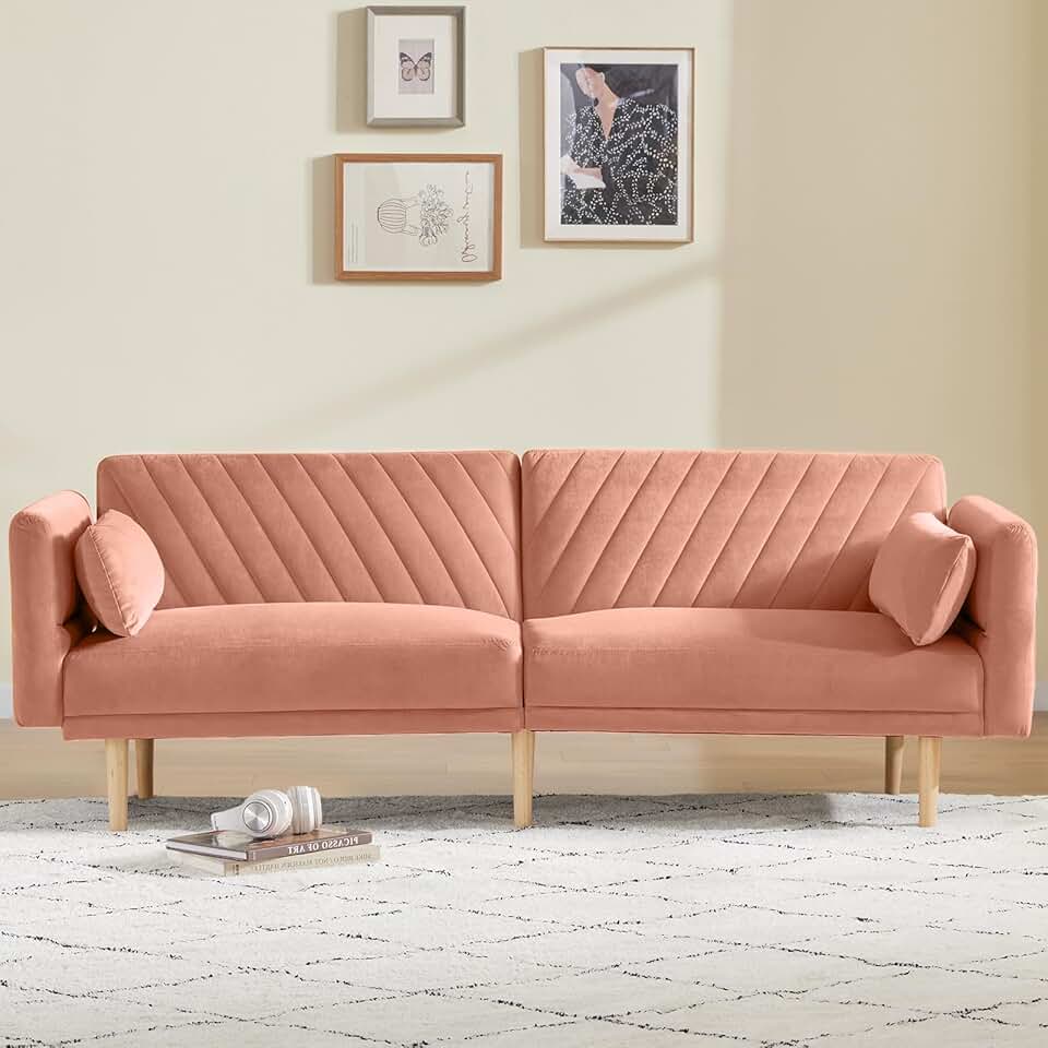 WILLOVE 78'' Velvet Futon Sofa Bed, Convertible Sleeper Couch Bed with Adjustable Armrests and Backrest, Loveseat Sleeper Bed with 2 Pillows, Modern Futon Couch for Living Room, Pink