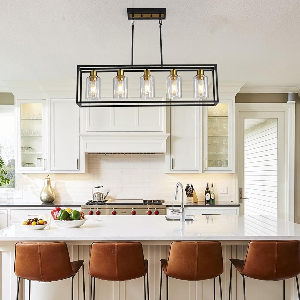 5-Lights Matte Black and Gold Kitchen Island Pendant Lighting，Dining Room Light Fixture，Modern Rectangular Industrial Chandelier Adjustable Height