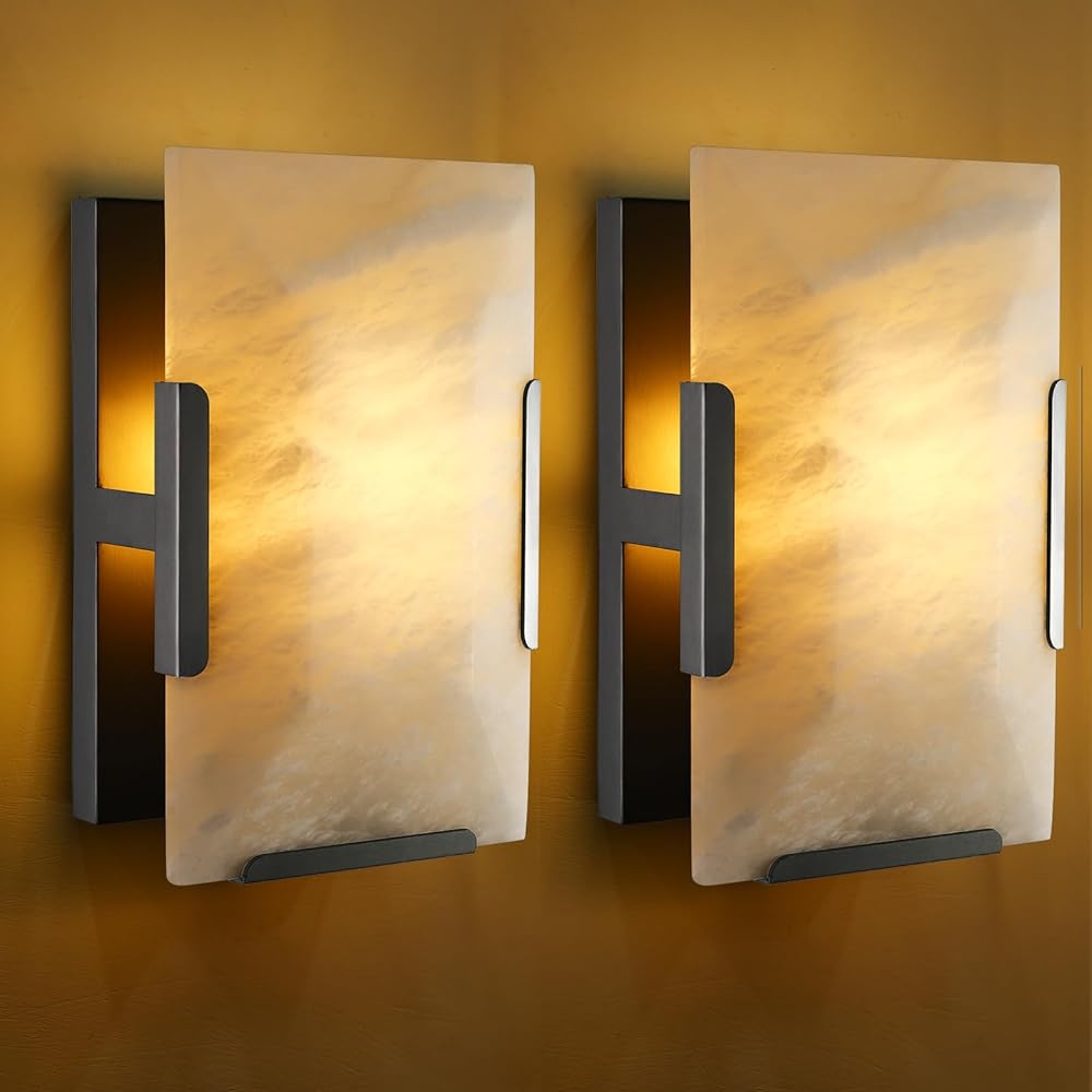 Natural Alabaster Wall Sconces Set of Two, Indoor Marble Wall Sconces Black Border, Bathroom Sconces Wall Lighting, Bedside Wall Sconces, Stairs Wall Sconce, Living Room Wall Sconce Including Bulb