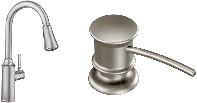 Moen Conneaut Spot Resist Stainless One-Handle High Arc Kitchen Sink Faucet with Power Boost Pull Down Sprayer, 87801SRS + Deck Mounted Kitchen Soap Dispenser with Refillable Bottle, 3944SRS