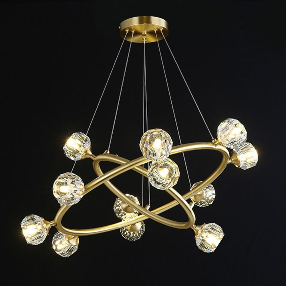 Chandeliers Round Copper Crystal Modern Crystal,G9 Adjustable Ceiling Lights Fixtures for Living Room Dining Room Bedroom Kitchen Chandeliers Tricolor Light Bulb(12th head)