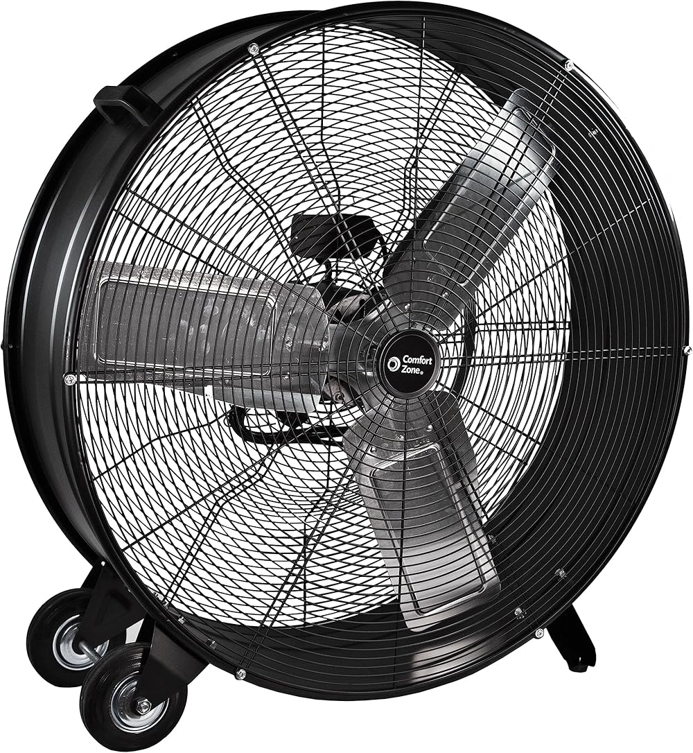 30” High-Velocity 2-Speed Direct-Drive Industrial Drum Fan, Metal Construction, Rubber Wheels, Easy Grab Handle, Balanced Aluminum Blades, Ideal for Garage, Workshop or Warehouse, CZMC30