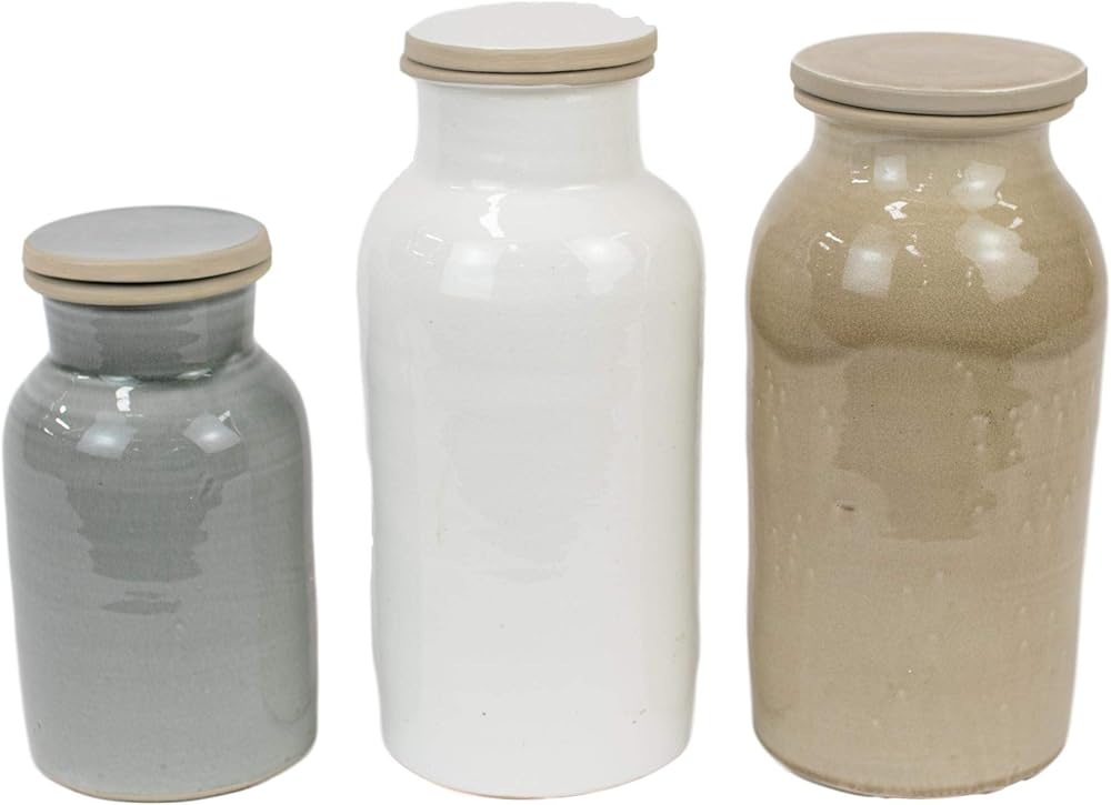 MY SWANKY HOME Large Round Pastel Glaze Set Three Ceramic Canister Jar Bottle Airtight Lid