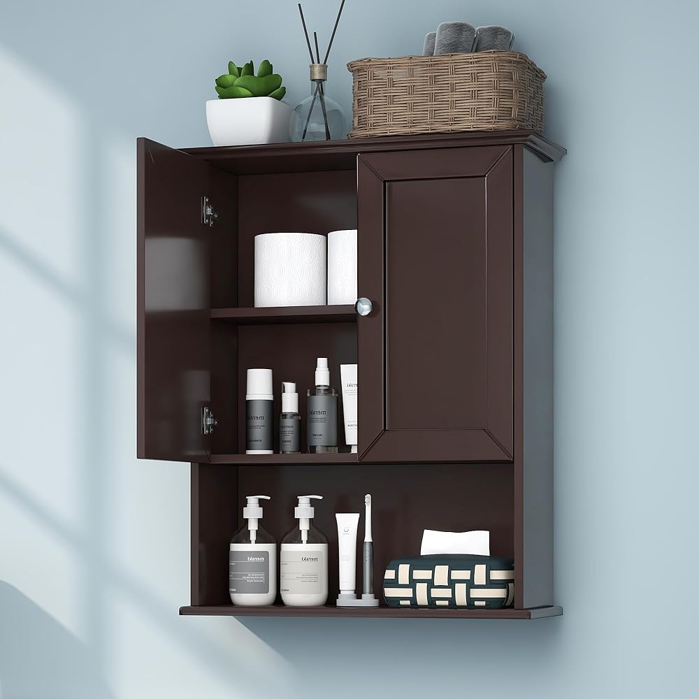 Bathroom Wall Cabinet Brown Over Toilet Storage Cabinets 24x30 in Above Toilet Wood Medicine Cabinets Wall Mounted Toilet Cabinet with 2 Door & Adjustable Shelf