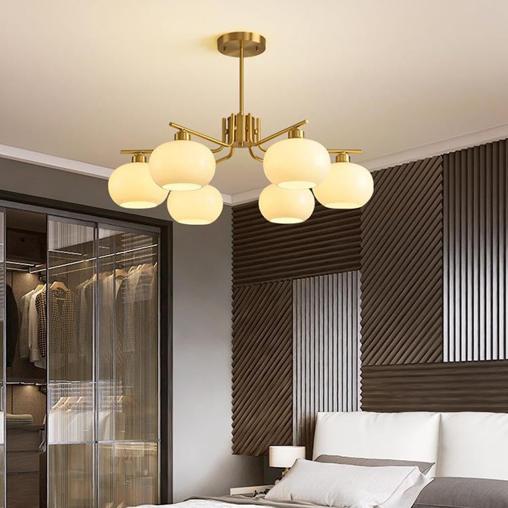 5-Lights Milk Glass Sputnik Chandeliers Modern Metal Ceiling Light Vintage Gold Cluster Branch Mid Century Pendant Light Fixture for Dining Table Bedroom Kitchen Island Living Room Foyer