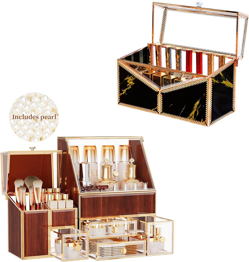 Tempered Glass Makeup Organizer & Lipstick Holder with 24 Slots-Countertop Cosmetic Organizer for Vanity with Brush Holder Ideal Large Makeup Storage Drawer Organizer for Bathroom & Dresser.