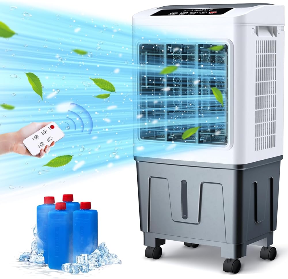 Portable Evaporative Air Cooler 3 in 1 Swamp Cooler with Remote Control, 5.3 Gal Water Tank, 3 Speed Cooling Fan, 4 Ice Packs, Portable Air Conditioner Auto Oscillation for Room, Home & Office