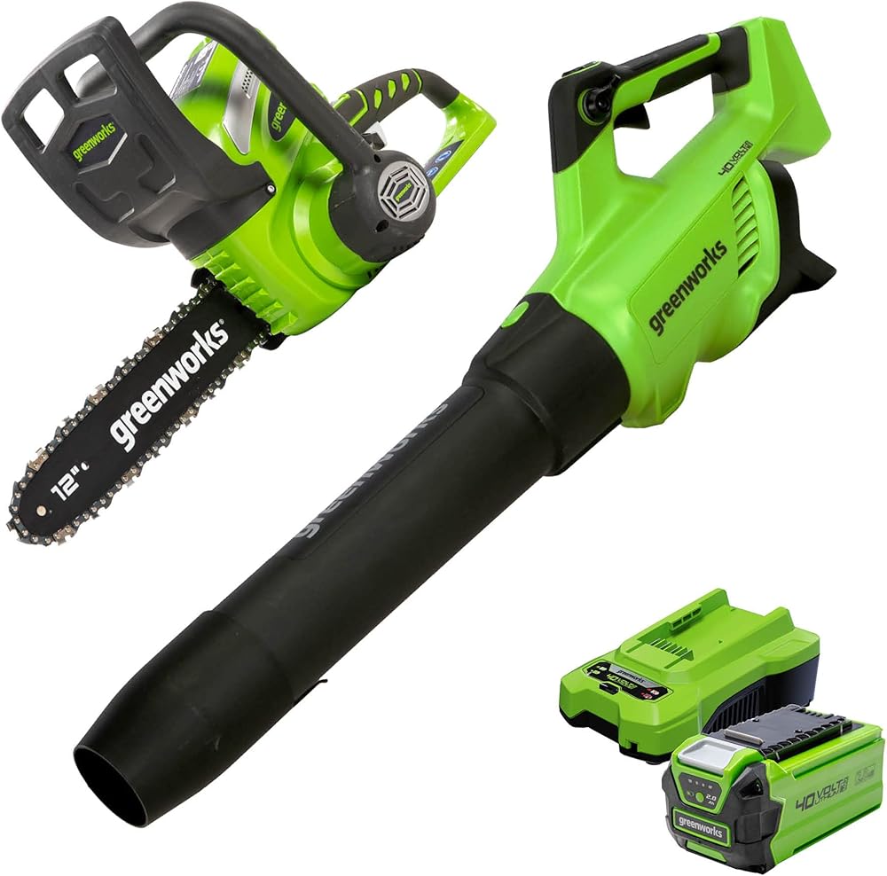 Greenworks 40V 12-Inch Cordless Chainsaw, 2.0Ah Battery and Charger Included 20262 with Blower