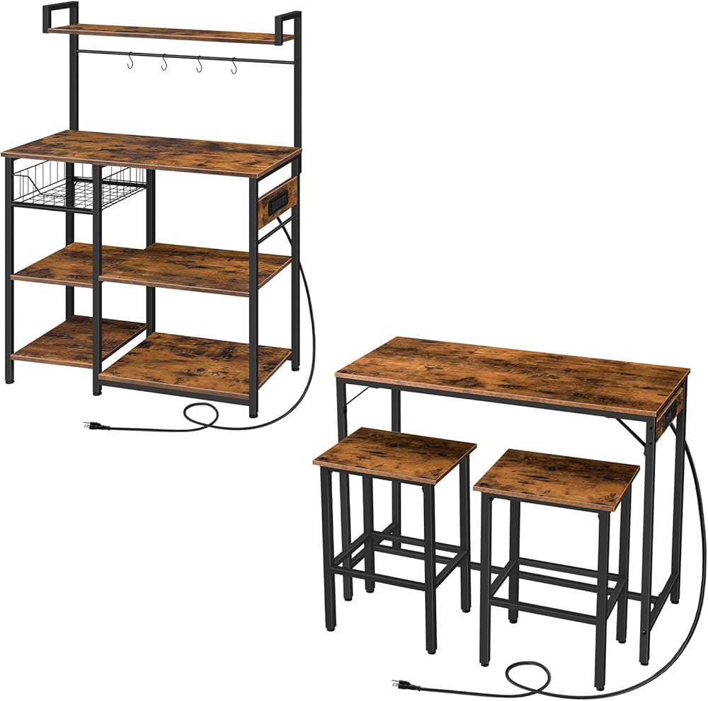 Kitchen Bakers Rack, Rustic Brown 3-Piece Bar Table Set with Power Outlet BF05UHB01-BF45UBT01