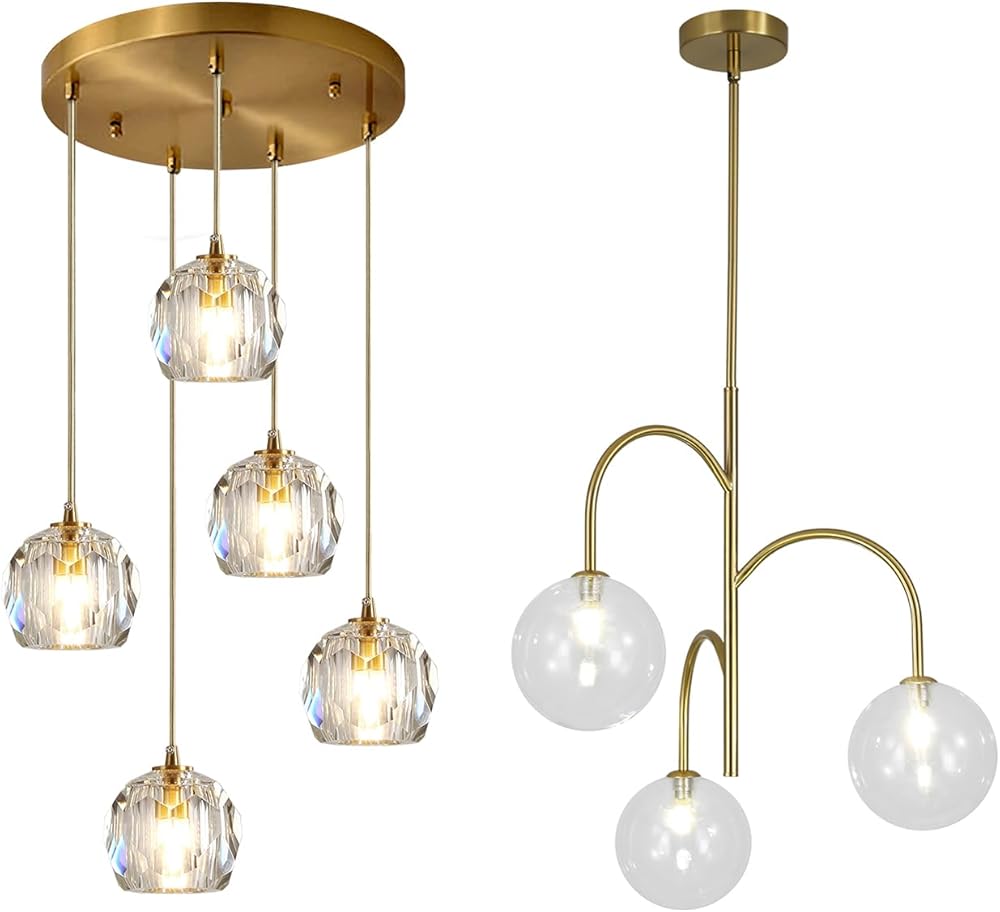 Mid Century 5-Lights Cluster Pendant Lighting Modern Gold Crystal Kitchen Island Pendant Light 3-Light Clear Glass Bubble Chandelier Mid Century Sputnik Light Fixture