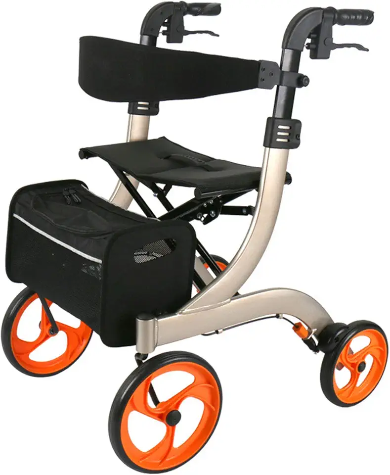 Aluminum Rollator Walker with 9.5'' Wheels and Seat Compact Folding Design Lightweight Baking Complimentary Carry Bag Gold