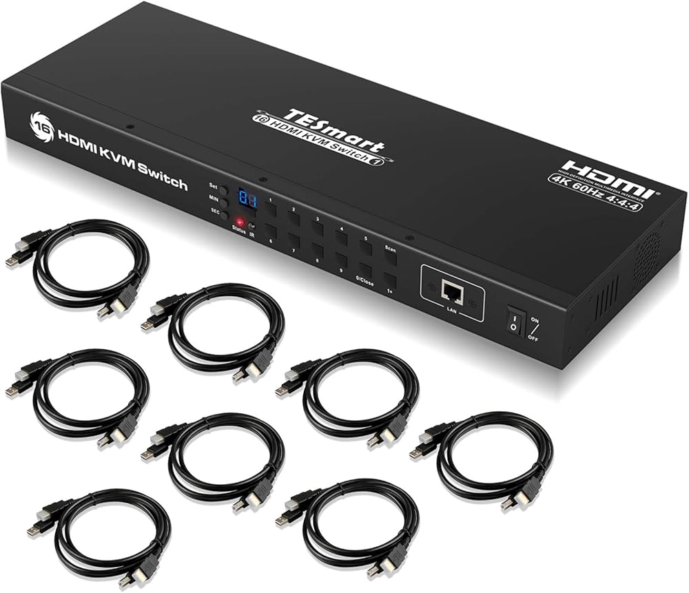 TESmart 16x1 HDMI KVM Switch 16 Port Enterprise Grade Support 4K 60Hz Ultra HD Console Rack Mount Switcher with 8 Pcs 5ft KVM Cable,USB 2.0 Device Control up to 16 PCs/Servers,RS232,LAN Port Control