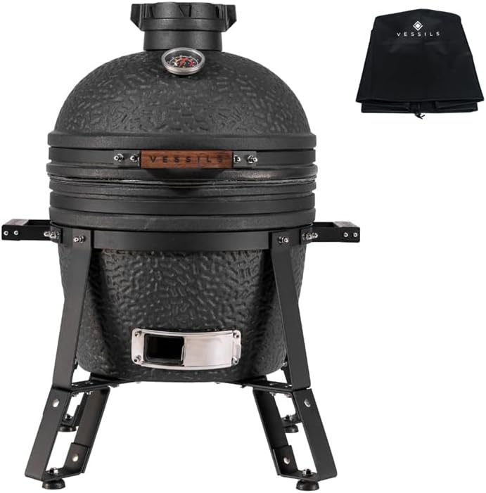 VESSILS Fleet - Kamado Charcoal Grill Complete Set - Ceramic BBQ Grill Smoker with Grill Cover, Charcoal Basket, Heat Deflector Stones, Plate Setter and Cooking Grid (13.4-in W Matt Black)