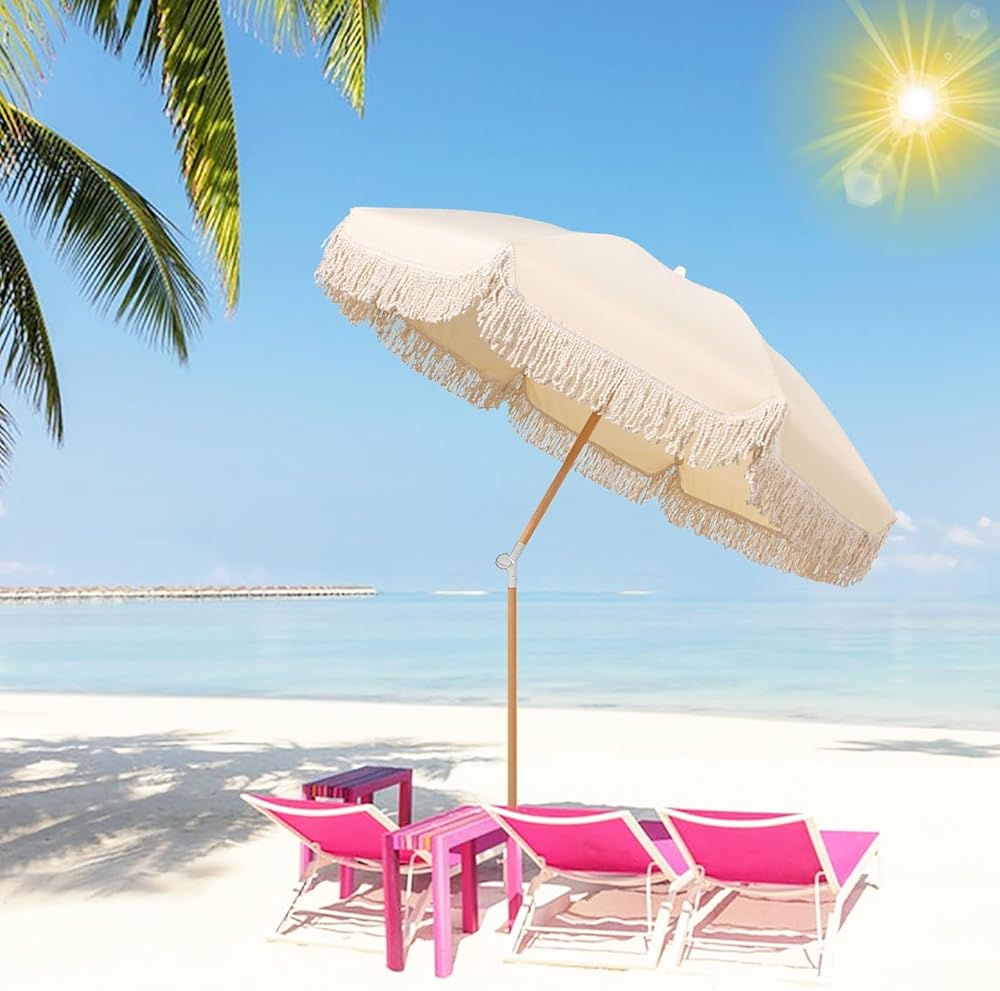6ft Boho Patio Umbrella Fringe Beige Beach Umbrellas For Sand UV Protection Outdoor Umbrella Waterproof Garden Umbrella Tilt Pool Umbrella Windproof Carry Bag For Garden Deck Backyard Pool