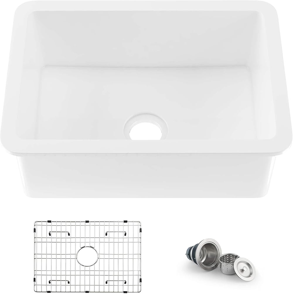 KIBI 27 inch Fireclay Undermount Kitchen Sink with Bottom Grid and Strainer | Single Bowl Heat Safe Glazing Sink (Landis series) (White) (K2-S27)