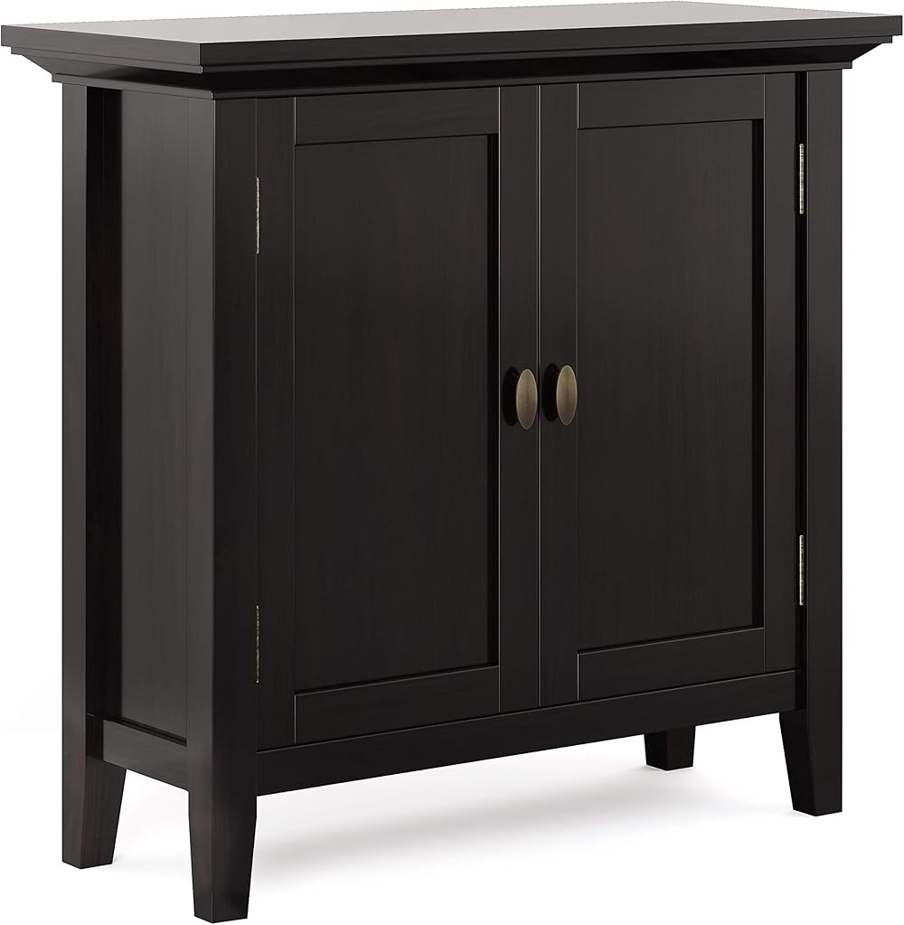 SIMPLIHOME Redmond SOLID WOOD 32 inch Wide Transitional Low Storage Cabinet in Hickory Brown for the Living Room, Entryway and Family Room