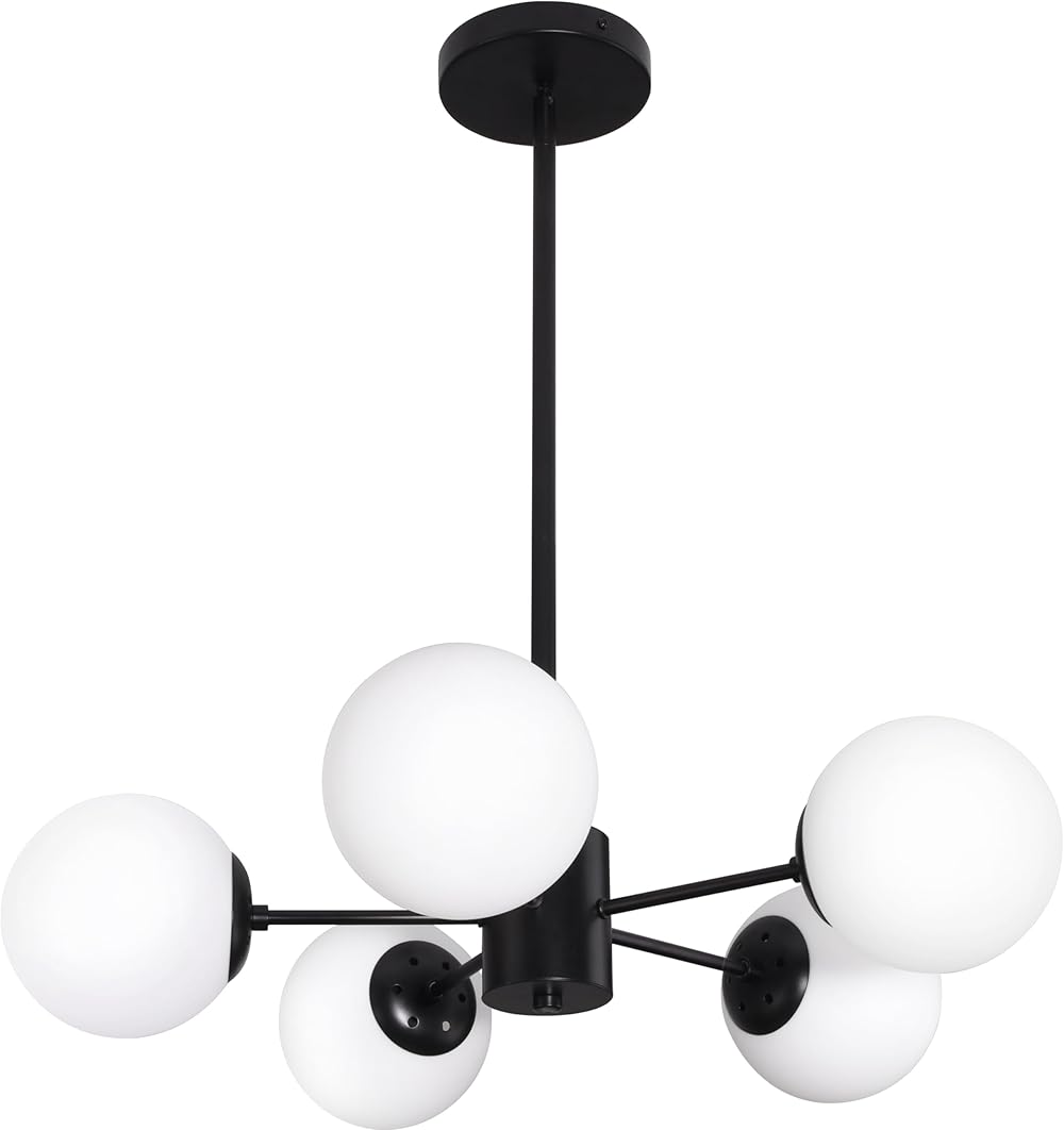 5-Light Globe Sputnik Chandelier Mid Century Sputnik Chandeliers Modern Black Globe Pendant Light Matte Black Finished with White Frosted Globe Glass Lampshade for Dining Room Bedroom Kitchen