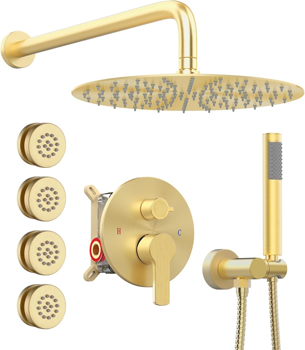 Rain Shower System with Body Jets, 12 Inch Powerful Full Body Shower System with Rainfall Shower and Handheld Spray, Rough-in Mixer Valve Concealed Shower Faucet Set Complete, Brushed Gold