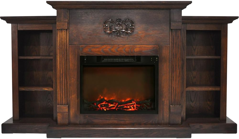 Cambridge Sanoma 72 Inch Freestanding Electric Fireplace Heater with Traditional Mantel, Built-In Bookshelves, Realistic Flames, Timer, Remote Control, Charred Log Display, Walnut