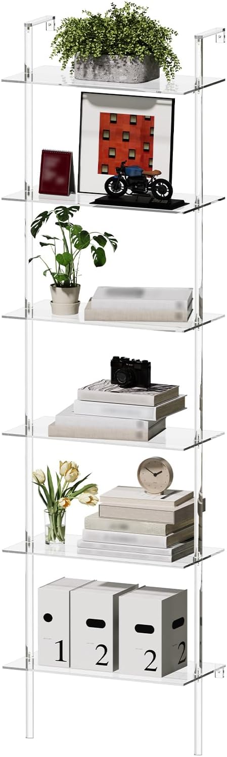 Acrylic Ladder Bookshelf, 6-Tier Clear Wall Mounted Bookshelf with Open Shelves, Multipurpose Bookcase for Living Room, Bathroom, Office, Modern, 11.6