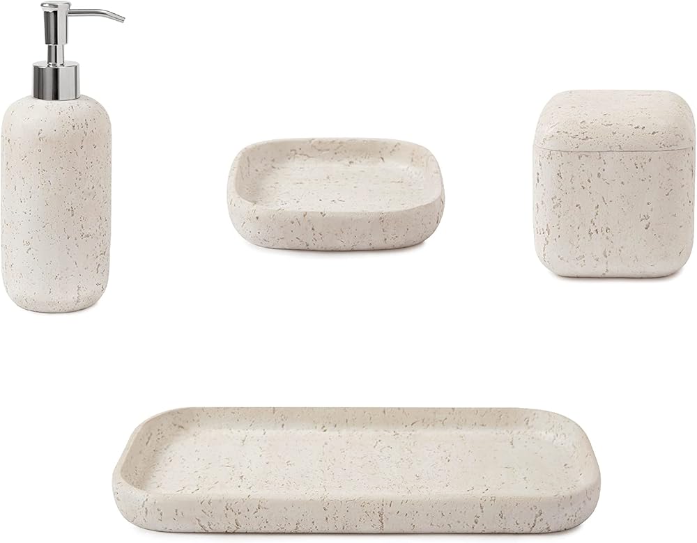 4-Piece Bath Accessory Set, Abydos Bath Accessories | Lotion Dispenser, Cotton Jar, Tray, Soap Dish