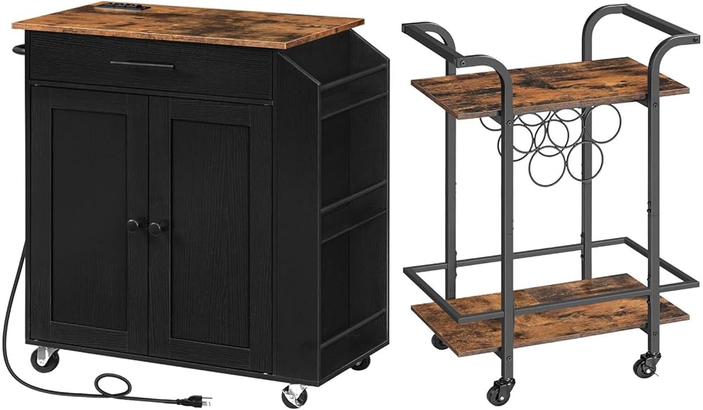 Kitchen Island with Power Outlet and Bar Cart for The Home, 2-Tier Serving Cart with Wine Rack, Kitchen Storage Island with Spice Rack and Drawer, Rolling Kitchen Cart on Wheels BF82UZD01G1-BF56TC01