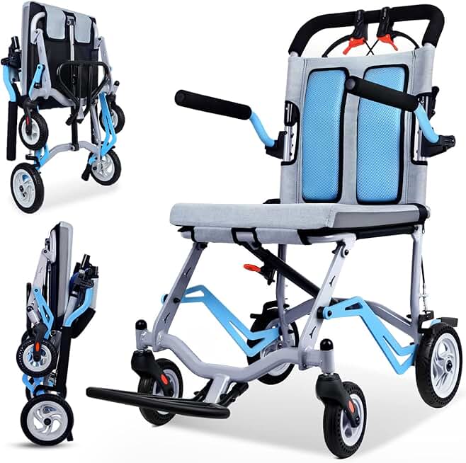 Ultra-Light Transport Wheelchair - Folding Portable Wheelchair with Hand Brake - Trolleys for Elderly Aircraft Travel