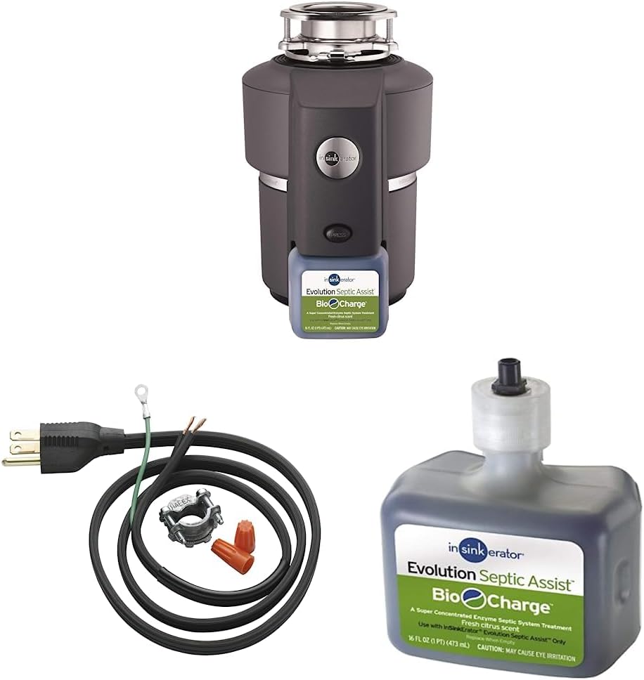 InSinkErator Evolution Septic Assist 3/4 HP Household Garbage Disposal & Garbage Disposal Power Cord Kit & CG Evolution Septic Assist Bio Charge Replacement Cartridge, 16-Ounces, Blue, 12 Ounce