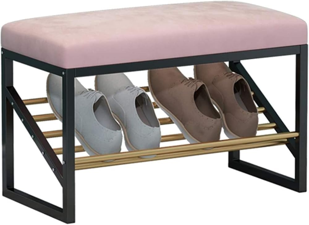 Shoe Storage Bench Entryway Hallway Furniture, Entryway Shoe Bench Rack Nordic Wrought Iron Frame, Shoe Replacement Stool at The Entrance, Home Bench Sofa Stool(Pink,60 * 30 * 40cm)