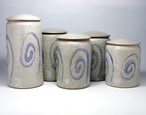 Pottery Kitchen Storage Jar Set of Five Stoneware Covered Jars