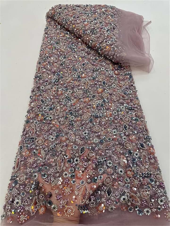 Handmade Beaded Lace Fabric Nigerian Embroidery Wedding Luxury Evening Dress French Tulle African Sequins