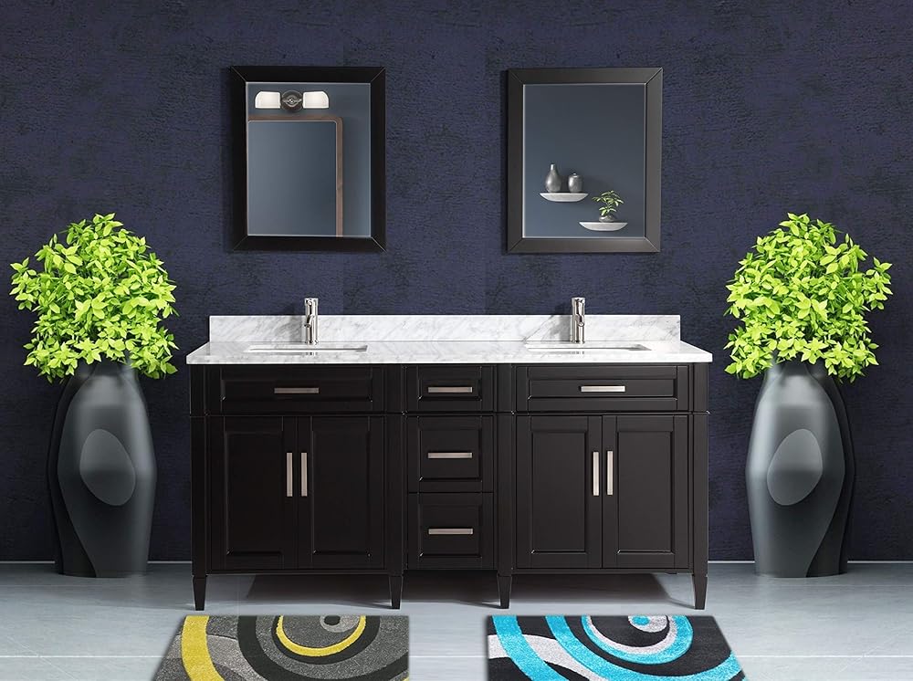 Vanity Art 72 Inch Double Sink Bathroom Vanity with Mirror | Carrara Marble Stone Top Storage Bathroom Organizer Cabinet with Dovetailed Drawer, Soft Closing Doors, Brushed Nickel Handles, VA2072-DE