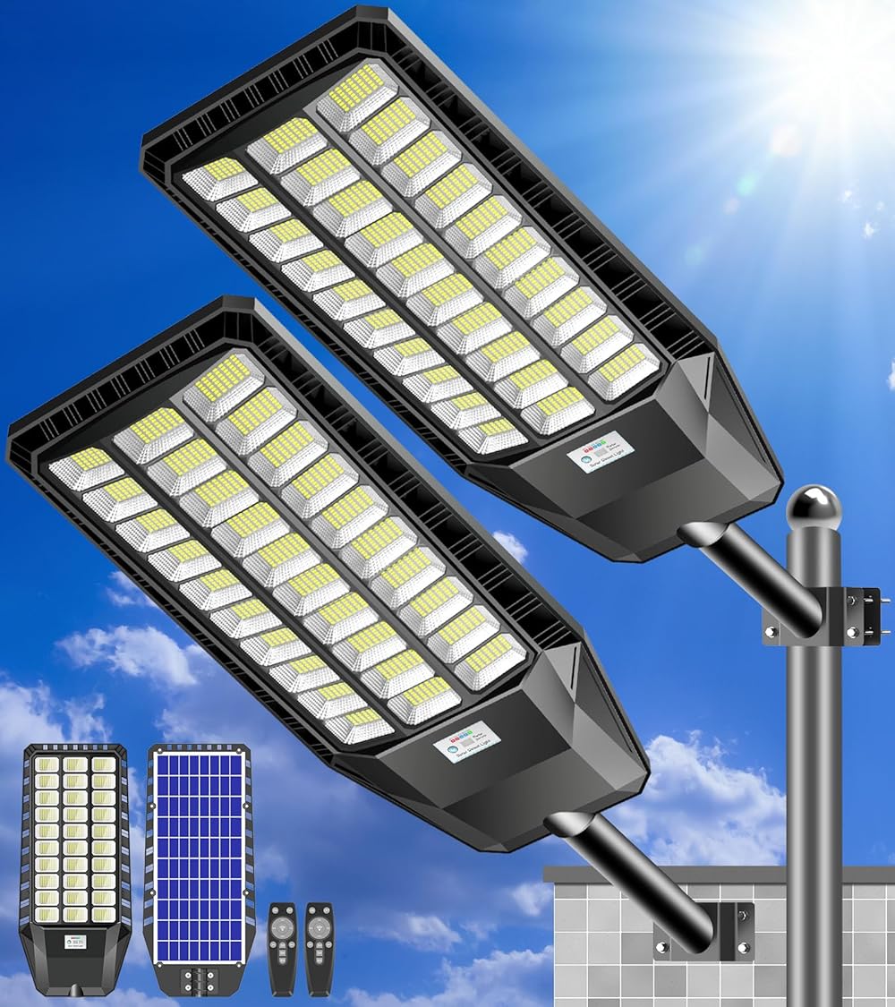 Solar Street Lights Outdoor - Solar Parking Lot Lights Commercial 6200W 400000 Lumens LED Solar Street Light Waterproof IP66 Dusk to Dawn, Solar Flood Lights with Motion Sensor - 2 Pack