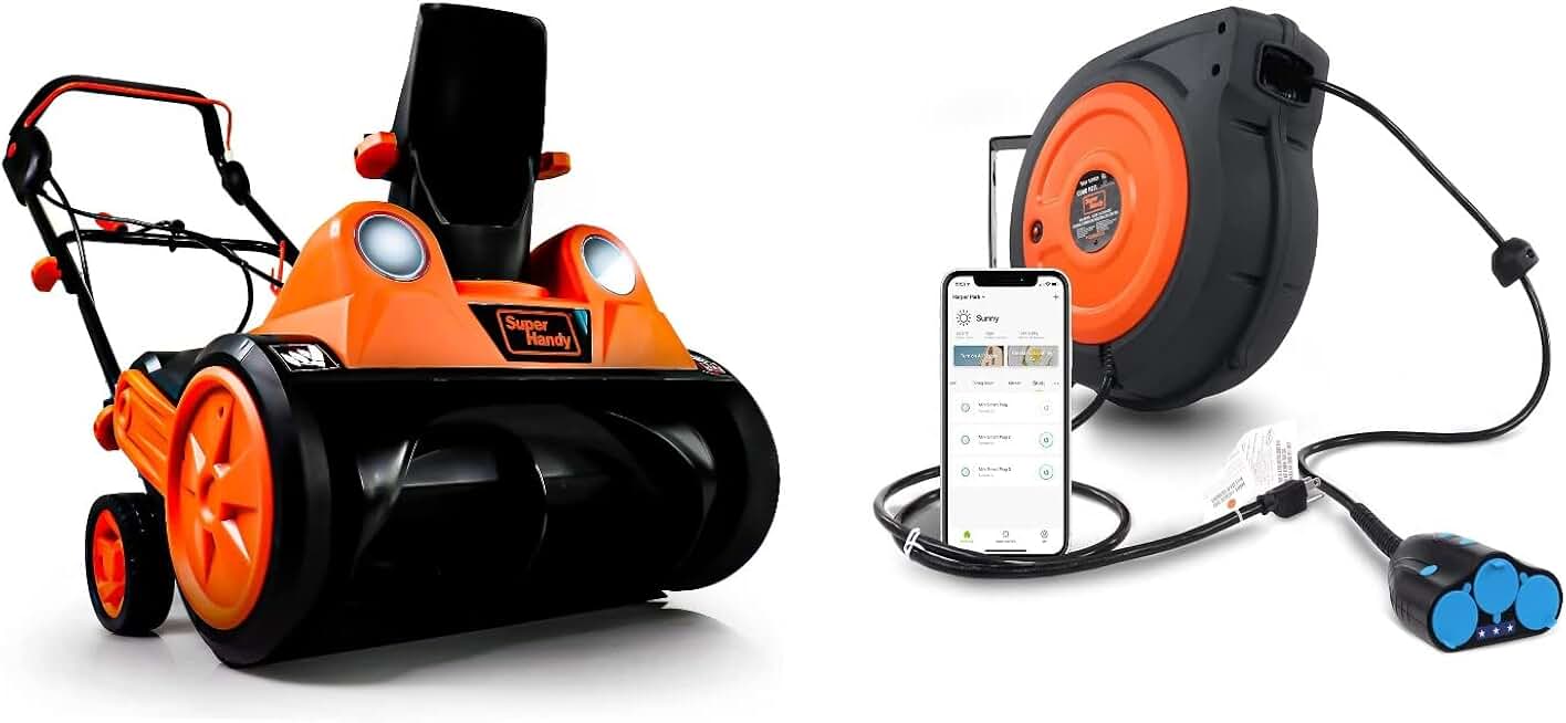 SuperHandy Electric Snow Thrower Walk-Behind Blower 15A 18 x10 Inch & Cord Reel 12AWG x 50' Feet [Bundle deal]
