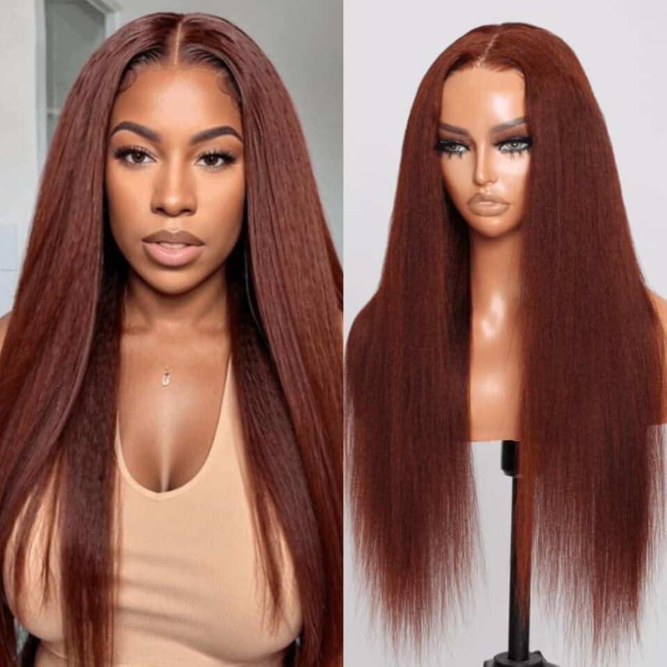KLAIYI Bye Bye Knots Glueless Wig Reddish Brown Yaki Straight 7x5 Pre Cut Lace Front Wigs Human Hair Put on and Go Wigs for Beginners Pre Bleached Pre Plucked No Glue 30S Easy to Wear Kinky Wig 24Inch