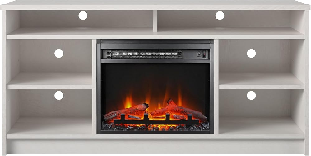 Ameriwood Home Hendrix Fireplace TV Stand for TVs up to 55 Inch, Replaceable Electric Fireplace Insert Heater, Realistic Log and Flame Effect, For Living Room or Bedroom, Ivory Oak