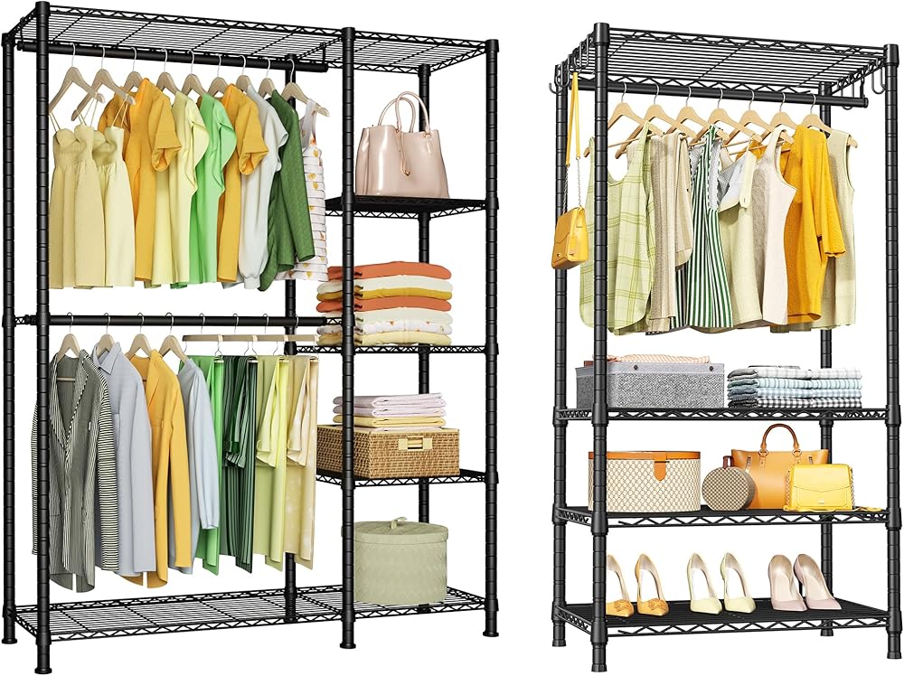 Ulif F2 and Portable Garment Rack Black Bundle, Clothes Rack, and Closet Storage System with Shelves and Expandable Hanger Rods, Freestanding Clothing Rack