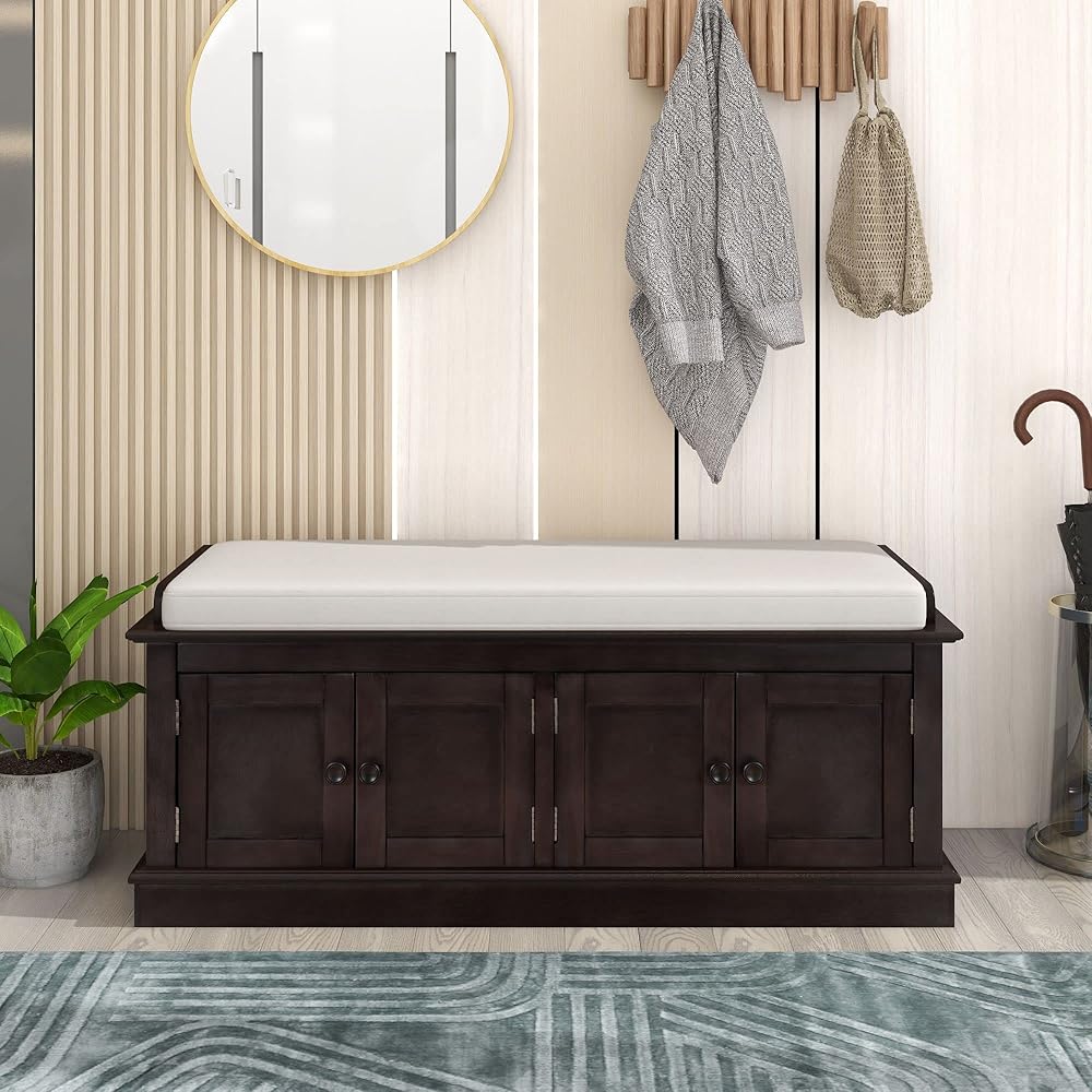 Spacious Storage 4 Doors and Adjustable Shelves,Shoe Bench with Removable Cushion for Living Room Entryway Hallway,Espresso, 1